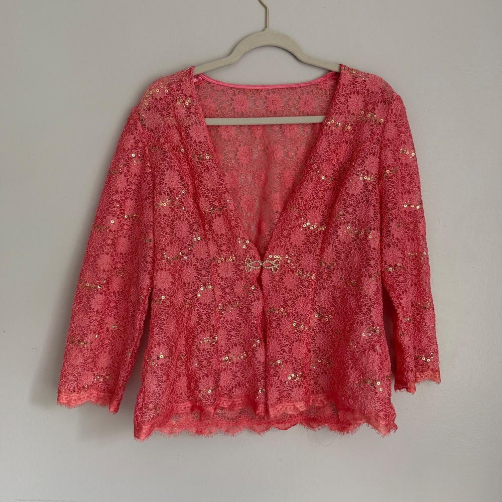 Vintage Pink Floral Lace Sequin Cardigan Rhinestone Bow Clasp‎ 3/4 Sleeve Top